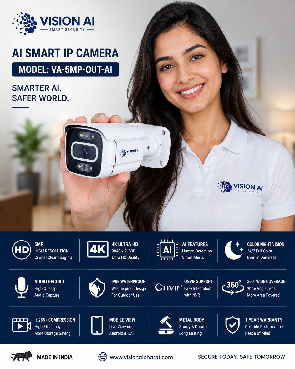 Vision AI 5MP AI Smart IP CCTV Camera – 4K Ultra HD, Color Night Vision, Audio & Premium Metal Body (VAI-MB-5A)